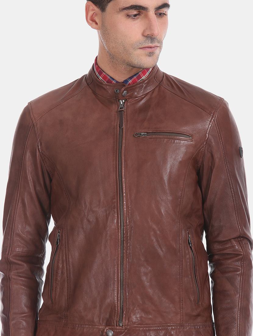 brown solid leather biker jacket - 17815986 - Zoom Image - 6