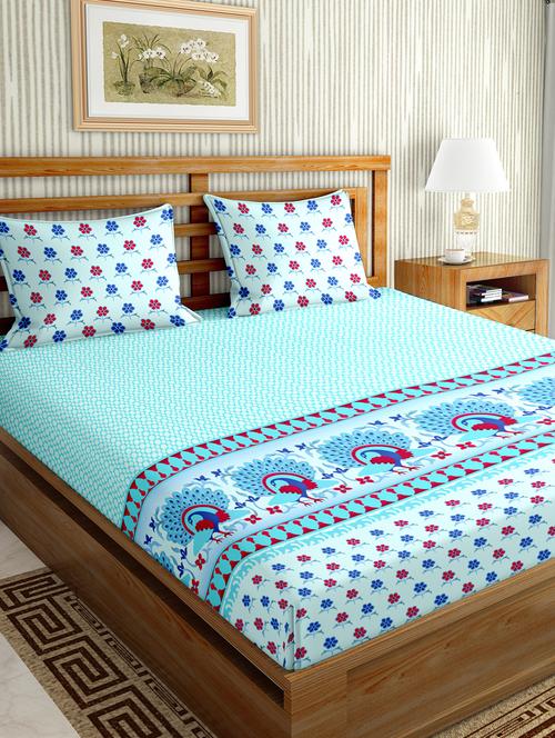 oscar collection double bedsheet set super king size cotton blue colour - 17819439 - Standard Image - 1