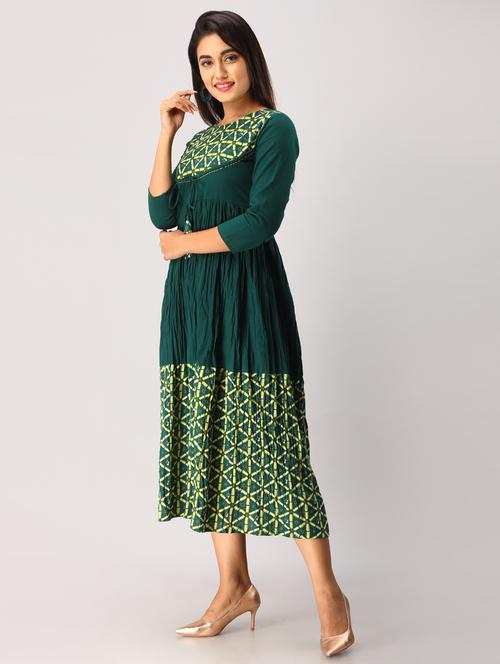 bottle green flared ethnic dress - 17819622 - Standard Image - 1