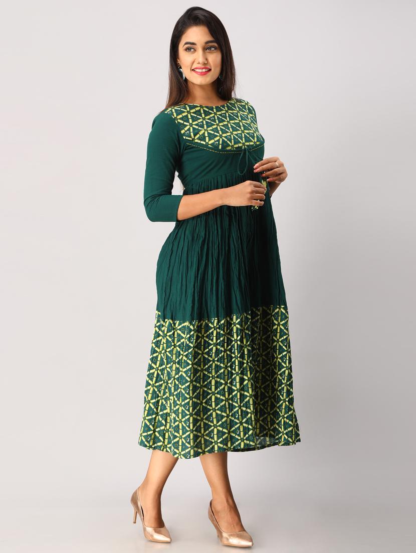 bottle green flared ethnic dress - 17819622 - Zoom Image - 2