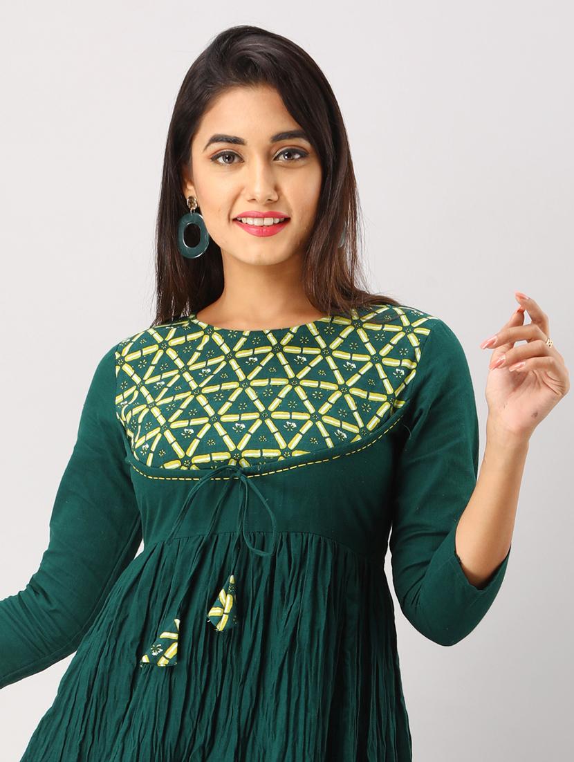 bottle green flared ethnic dress - 17819622 - Zoom Image - 4