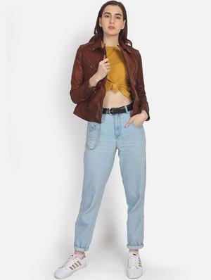 lapel neck solid leather/leatherette jacket - 17821856 - Standard Image - 4