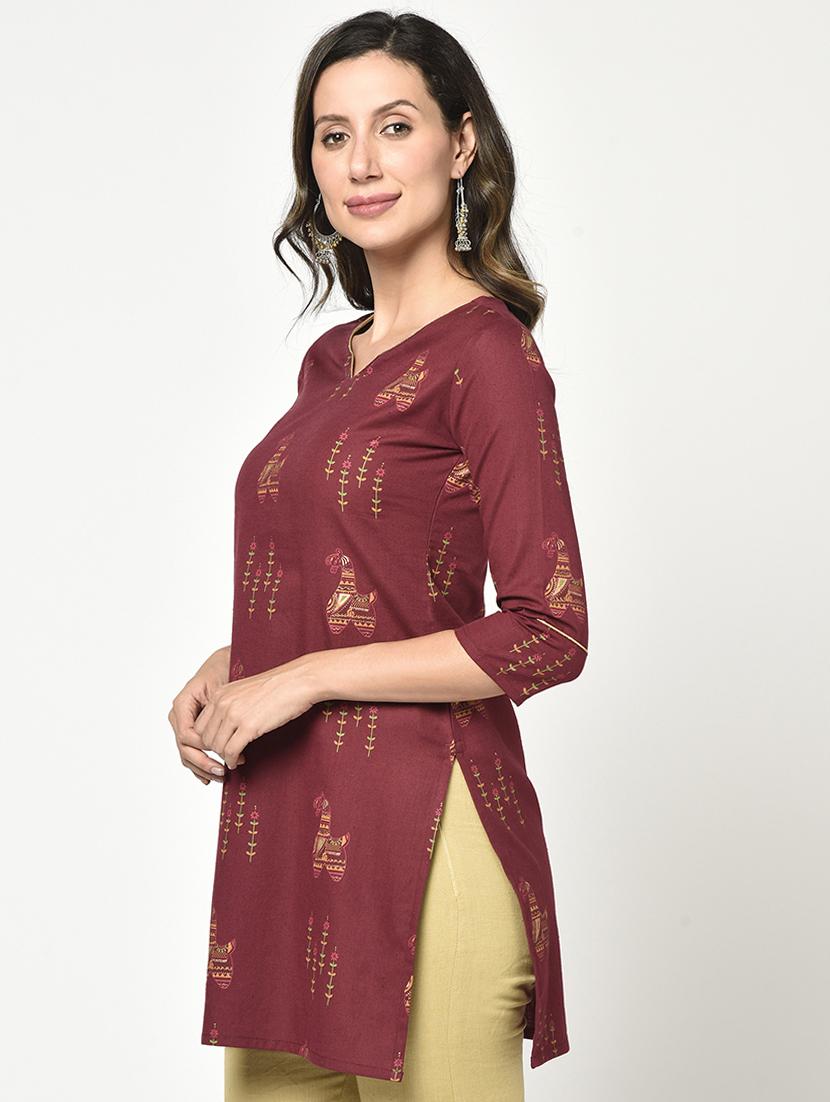 maroon printed straight kurti - 17823325 - Zoom Image - 2