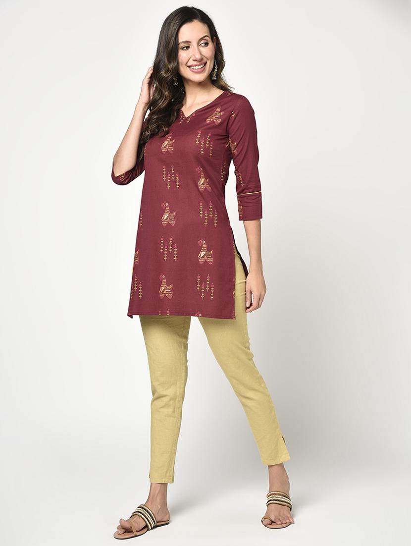 maroon printed straight kurti - 17823325 - Zoom Image - 4