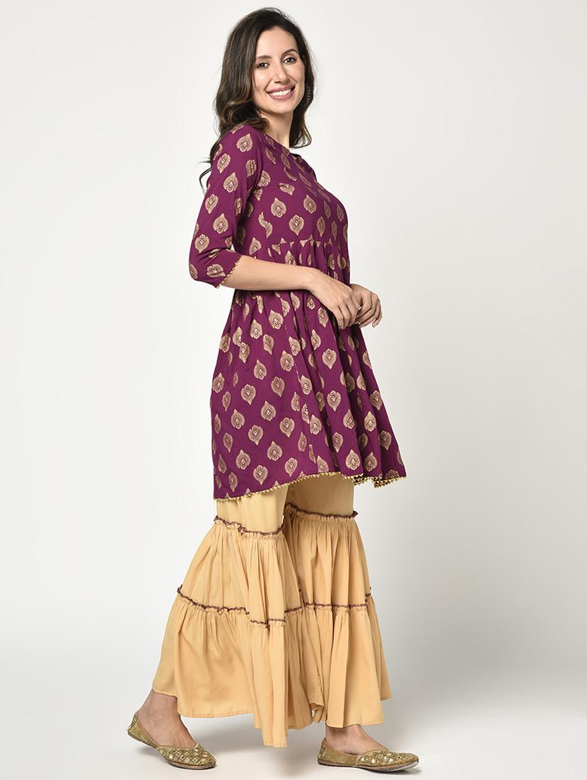 purple rayon kurta sharara set - 17823337 - Zoom Image - 2