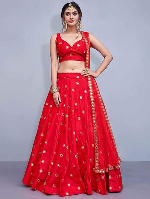 red satin flared lehenga - 17823553 - Standard Image - 4