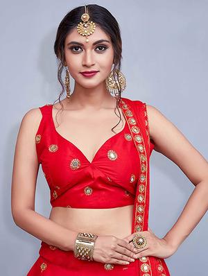 red satin flared lehenga - 17823553 - Standard Image - 5