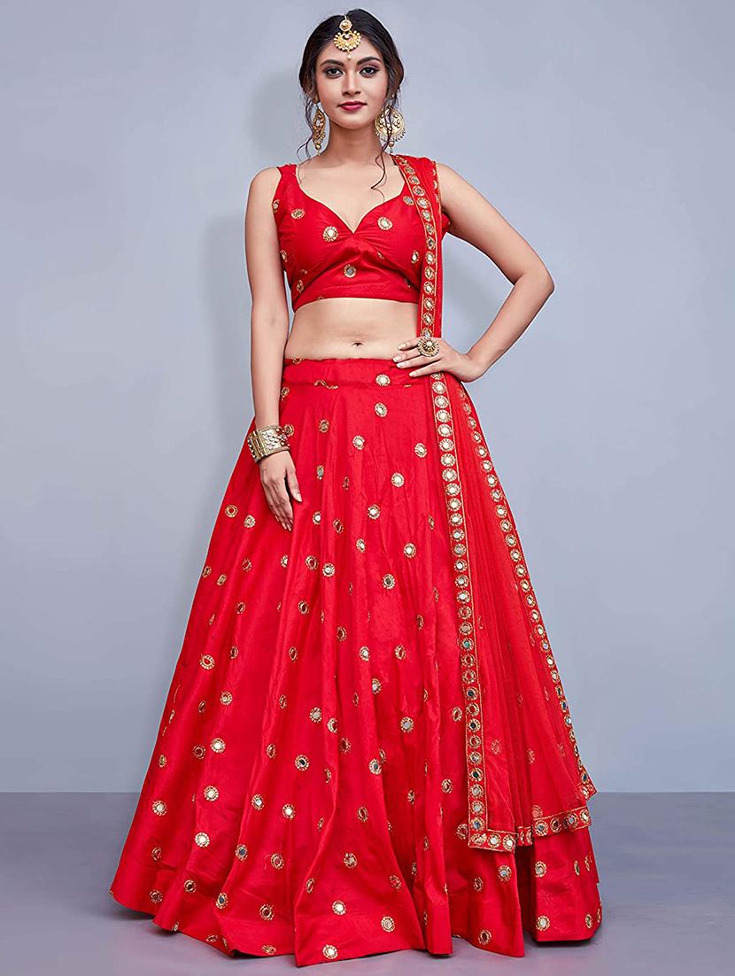 red satin flared lehenga - 17823553 - Zoom Image - 4