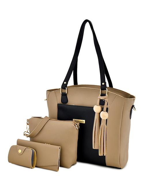 beige leatherette (pu) combo handbag - 17827705 - Very Small Image - 1