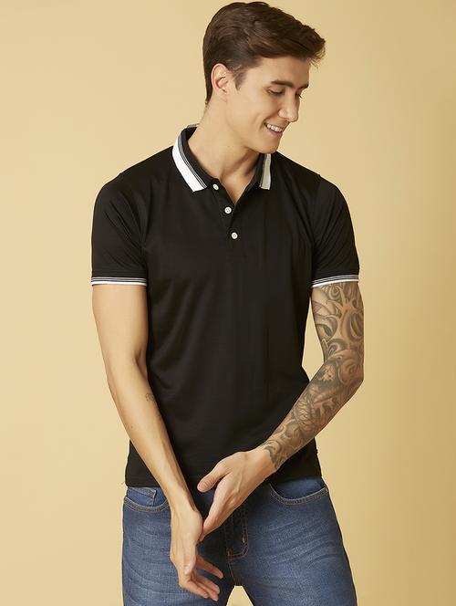 black solid polo t-shirt - 17828090 - Standard Image - 1