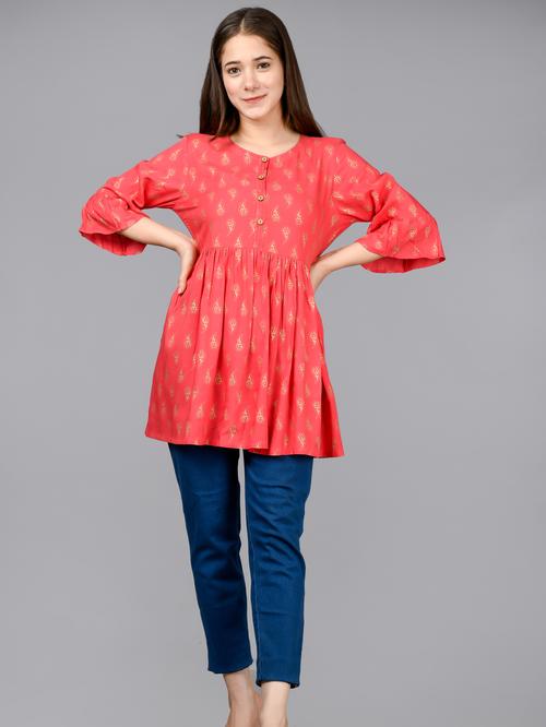 pink color printed short kurta/tunic - 17828937 - Standard Image - 1