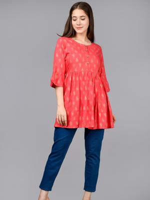 pink color printed short kurta/tunic - 17828937 - Standard Image - 3