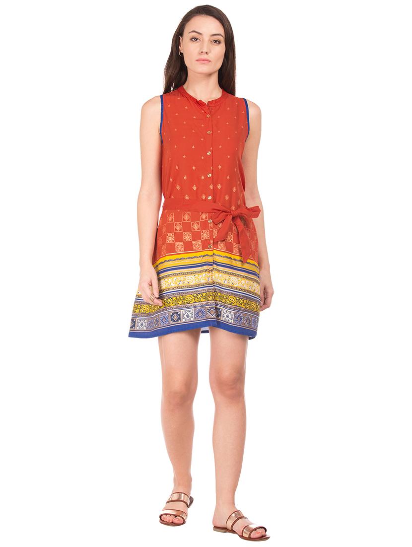 mandarin neck printed a-line dress - 17836580 - Zoom Image - 4