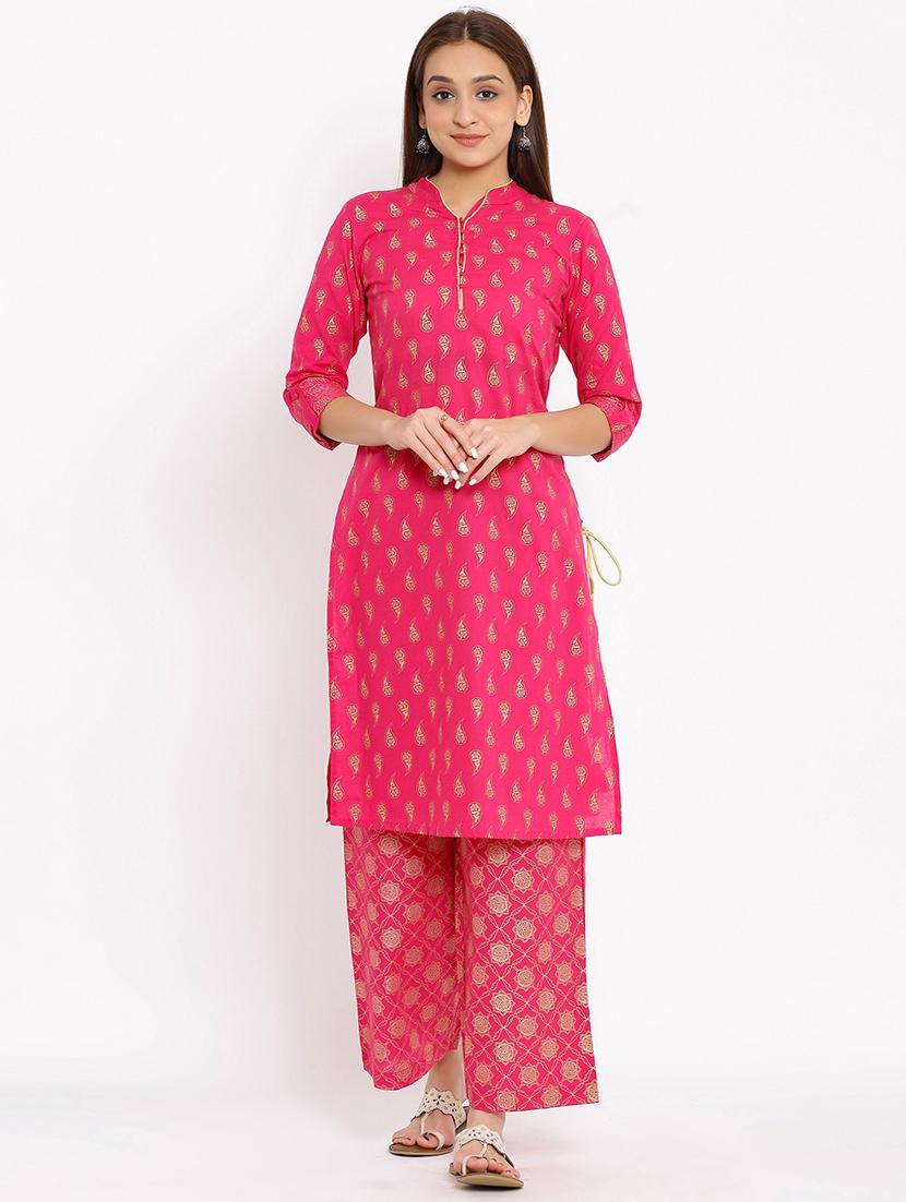 foil print straight kurta palazzo set - 17838046 - Zoom Image - 1