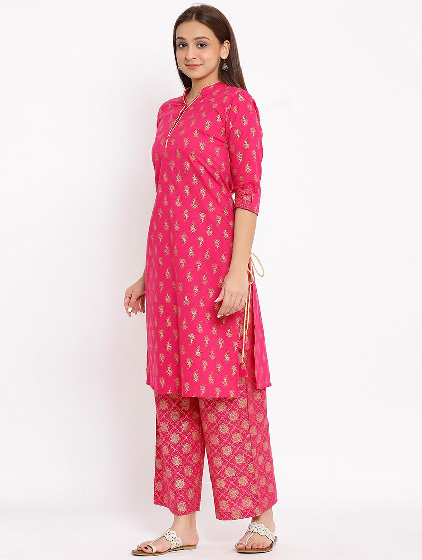 foil print straight kurta palazzo set - 17838046 - Zoom Image - 2