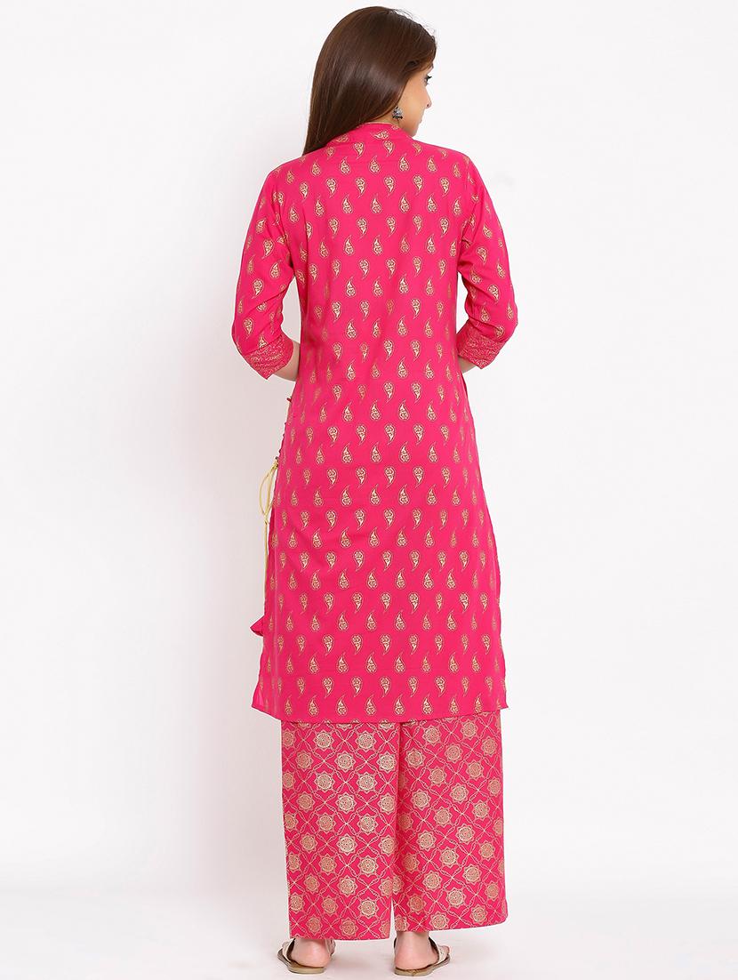 foil print straight kurta palazzo set - 17838046 - Zoom Image - 3
