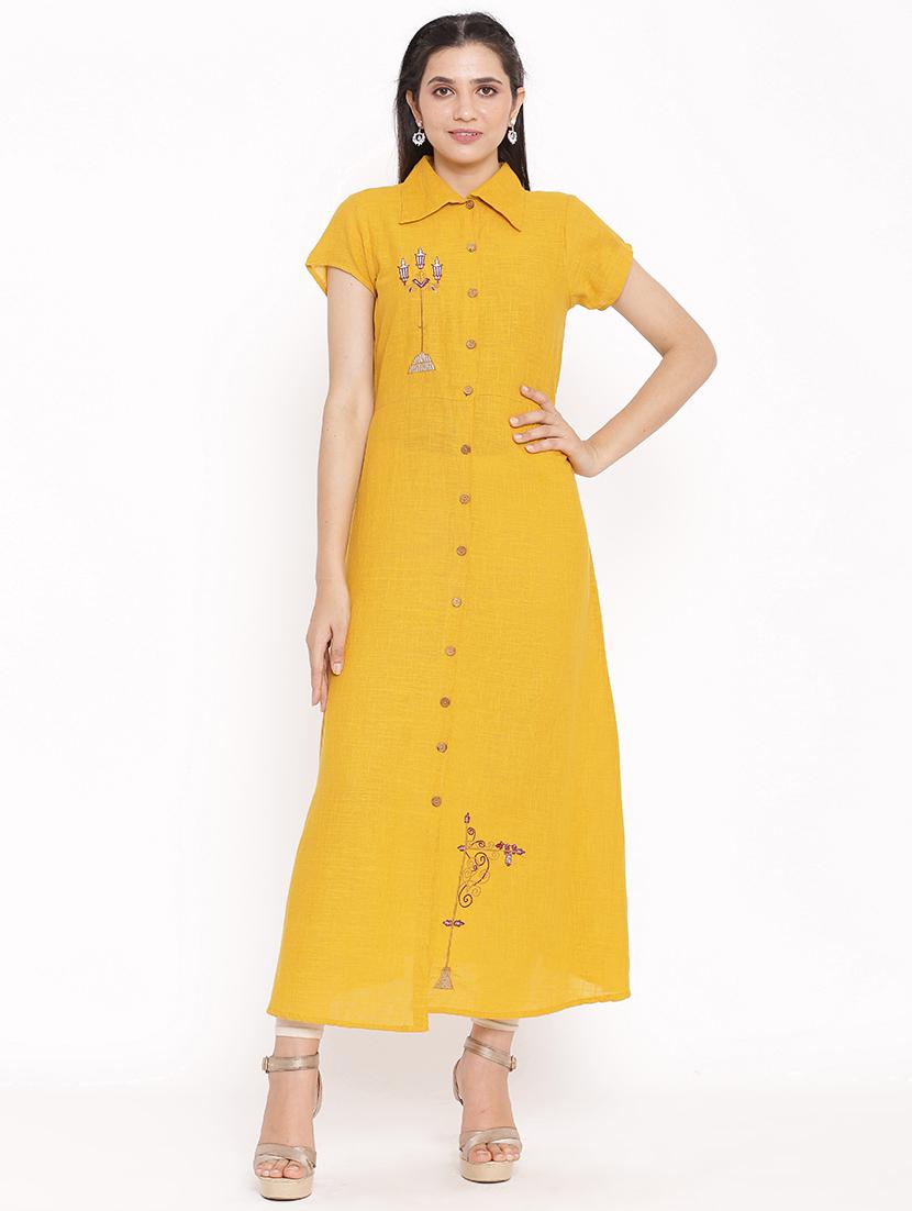 mustard solid a-line kurta - 17838115 - Zoom Image - 1