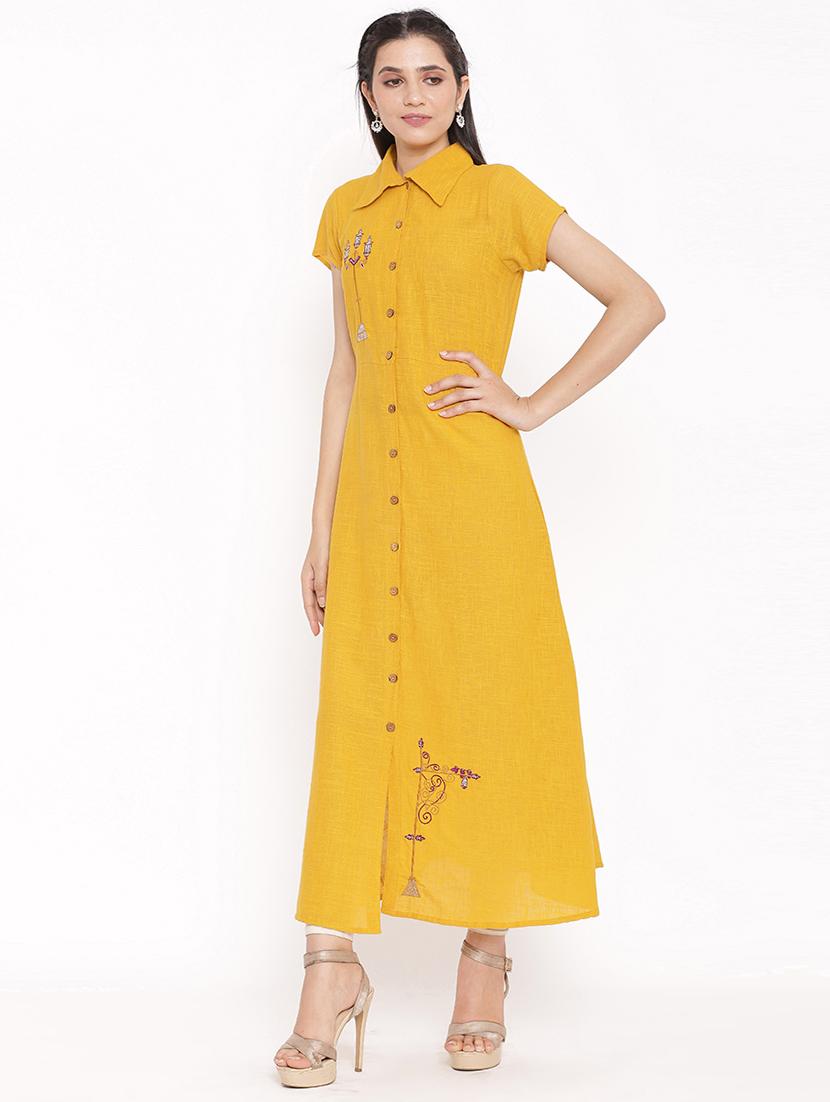 mustard solid a-line kurta - 17838115 - Zoom Image - 2