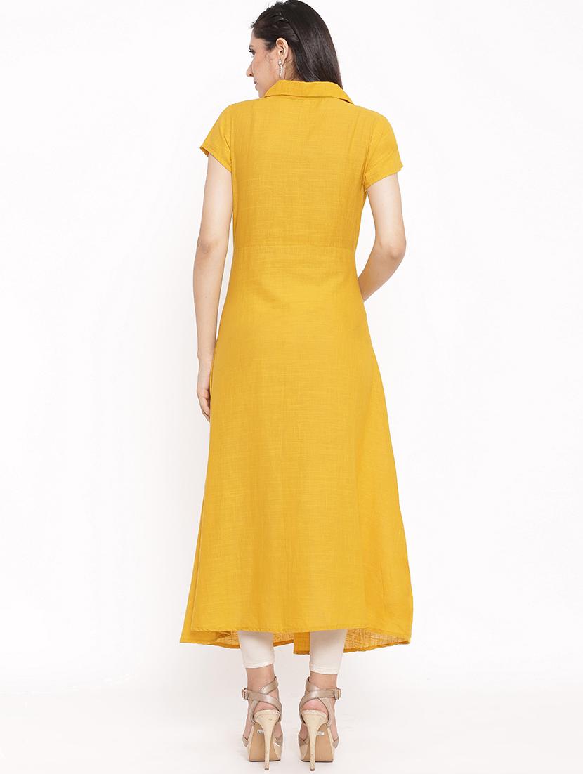 mustard solid a-line kurta - 17838115 - Zoom Image - 3