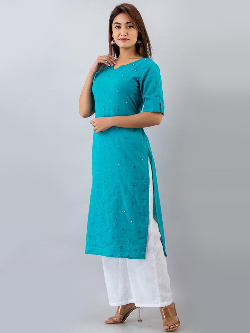 turquoise solid straight kurta - 17838127 - Zoom Image - 2