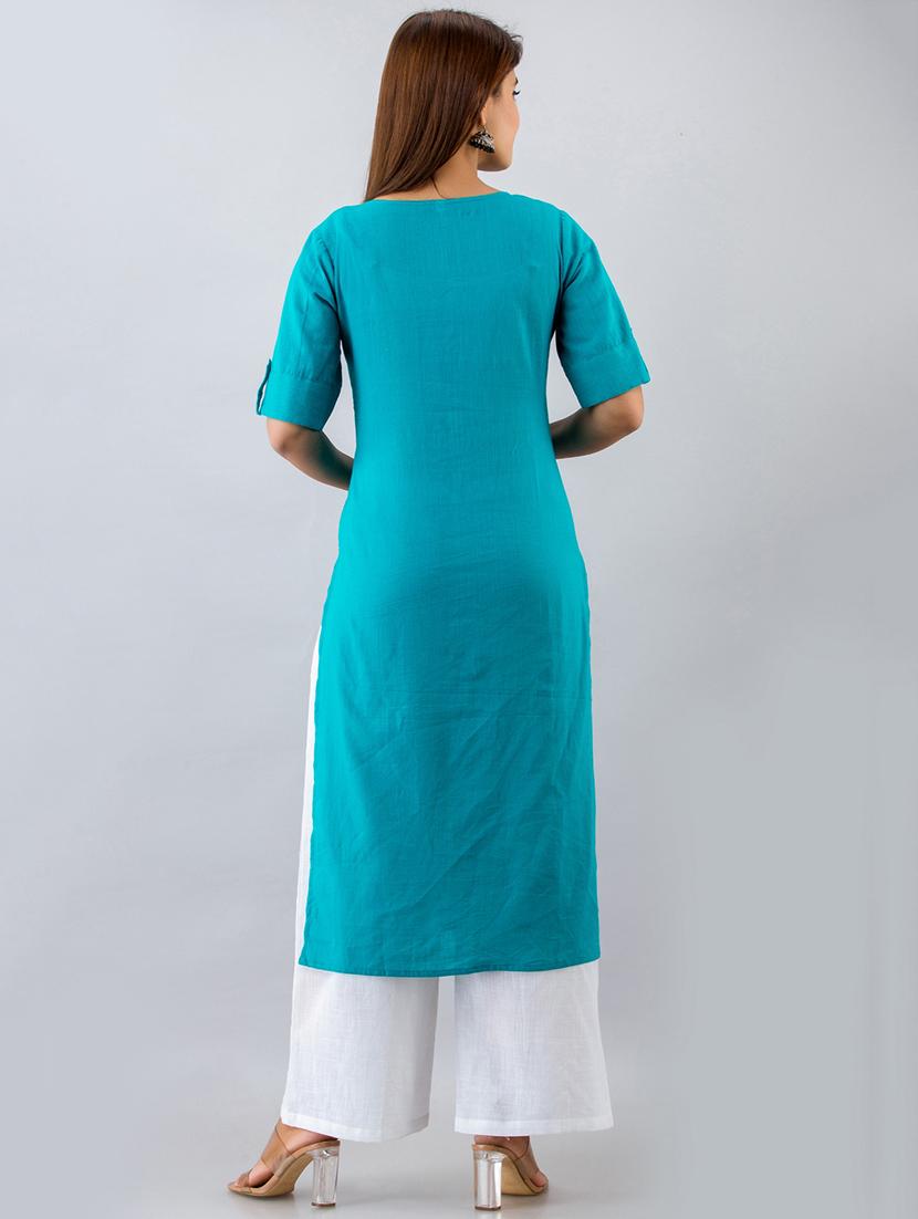 turquoise solid straight kurta - 17838127 - Zoom Image - 3