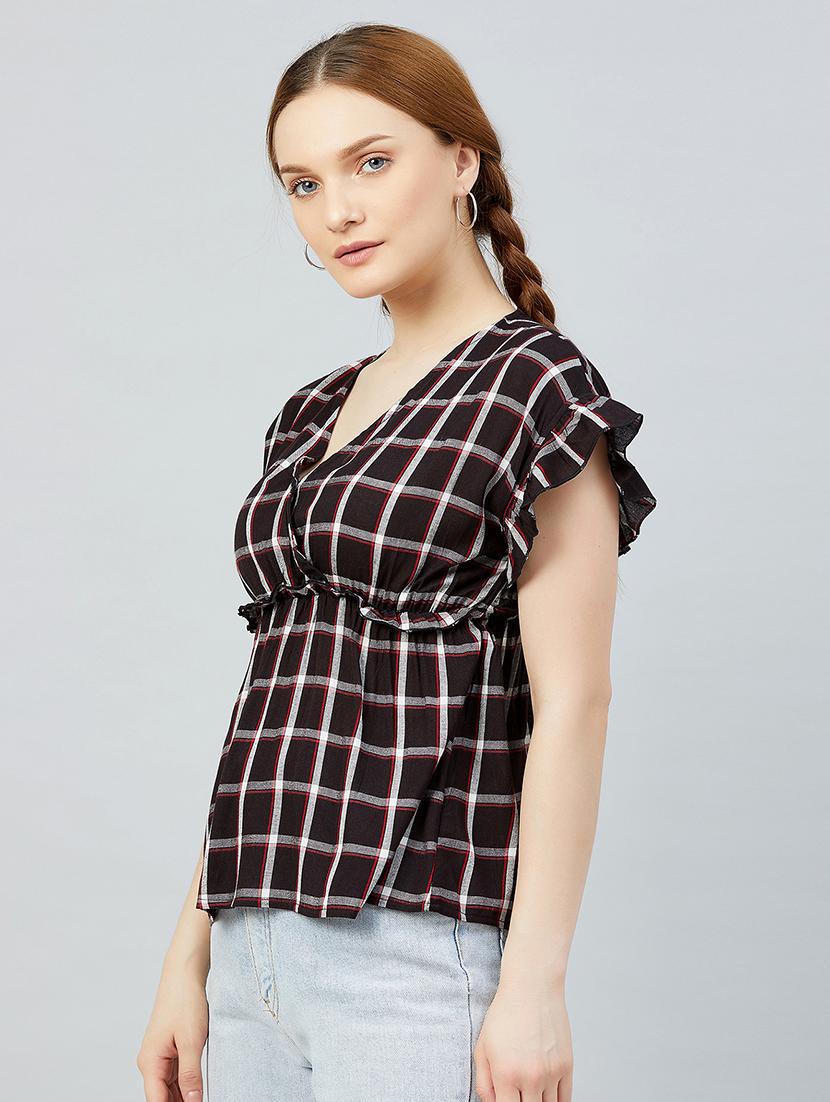 gather detail checkered peplum top - 17839160 - Zoom Image - 1