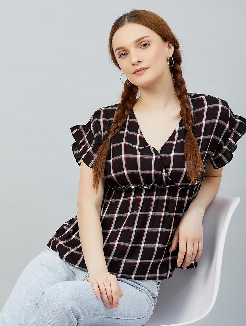 gather detail checkered peplum top - 17839160 - Zoom Image - 3