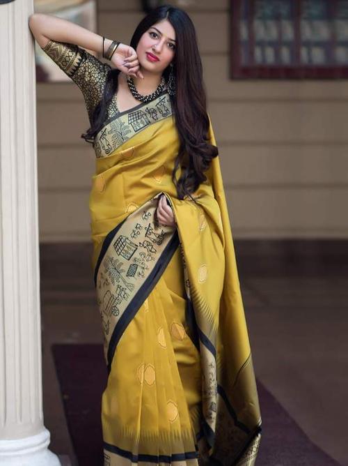 yellow & black color banarasi silk - 17840741 - Standard Image - 1