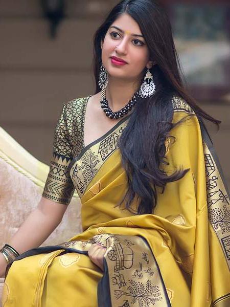 yellow & black color banarasi silk - 17840741 - Zoom Image - 2