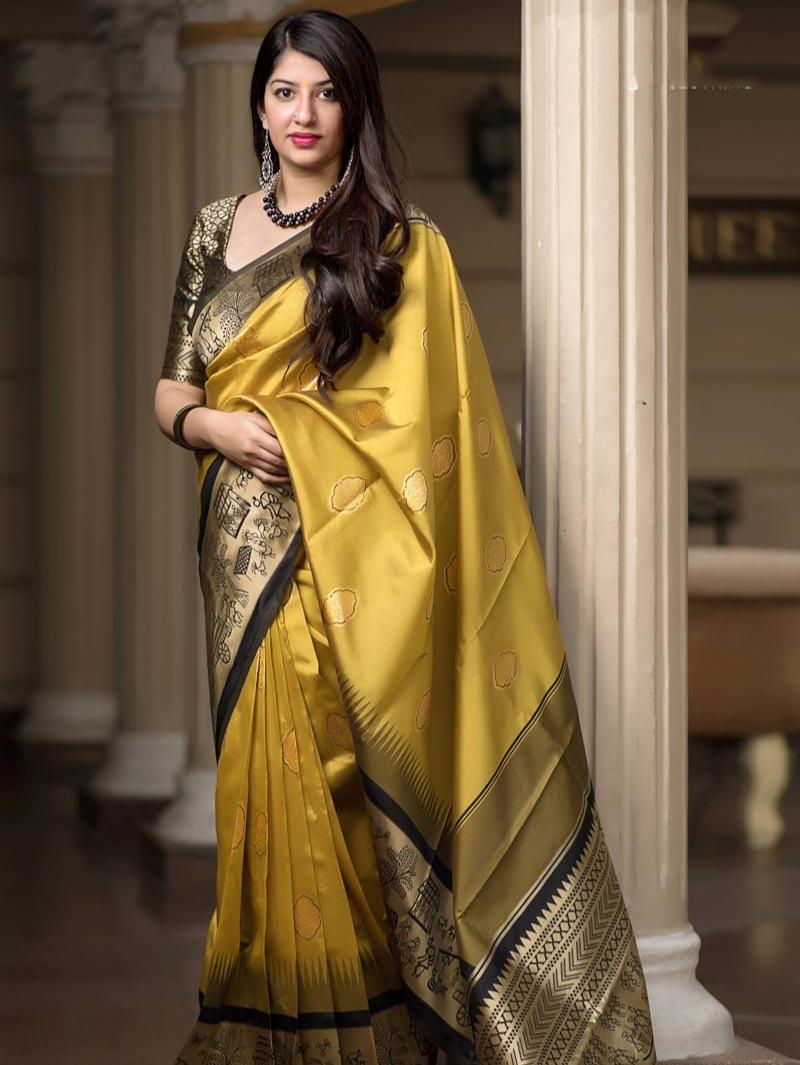 yellow & black color banarasi silk - 17840741 - Zoom Image - 3