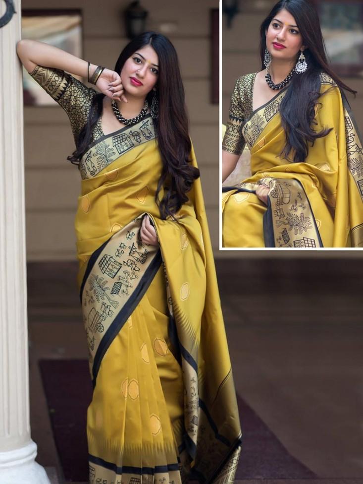 yellow & black color banarasi silk - 17840741 - Zoom Image - 4