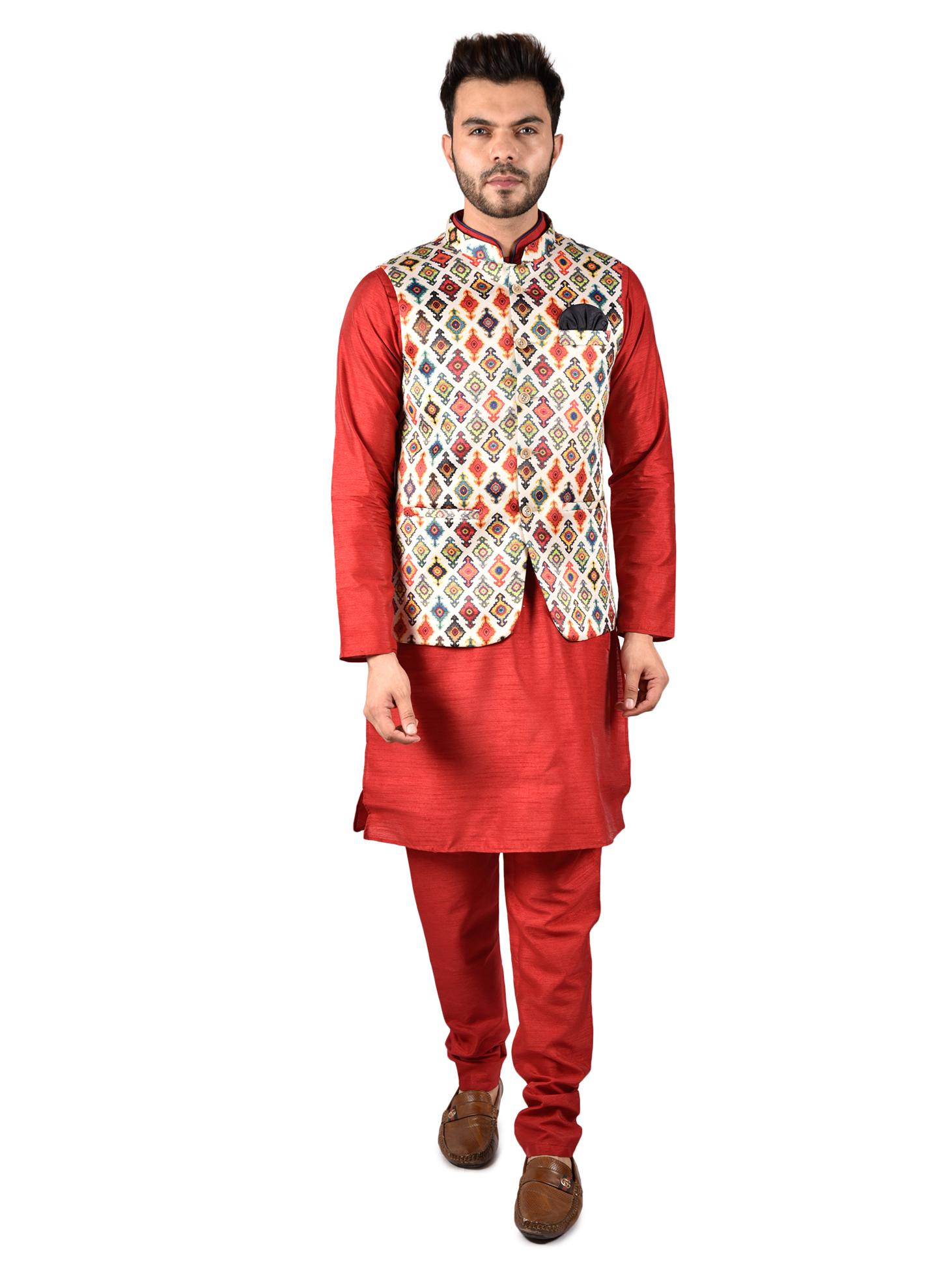 solid maroon kurta pajama set with - 17841111 - Zoom Image - 1