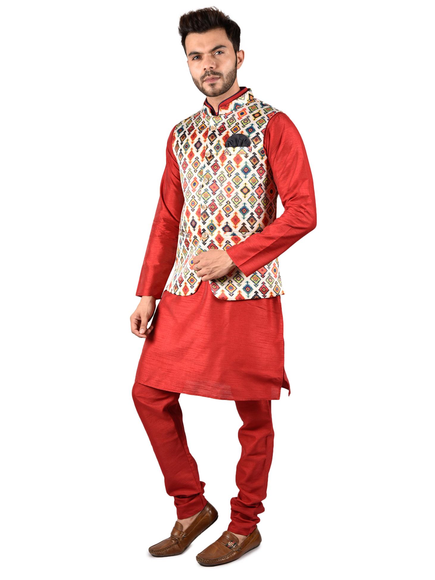 solid maroon kurta pajama set with - 17841111 - Zoom Image - 3