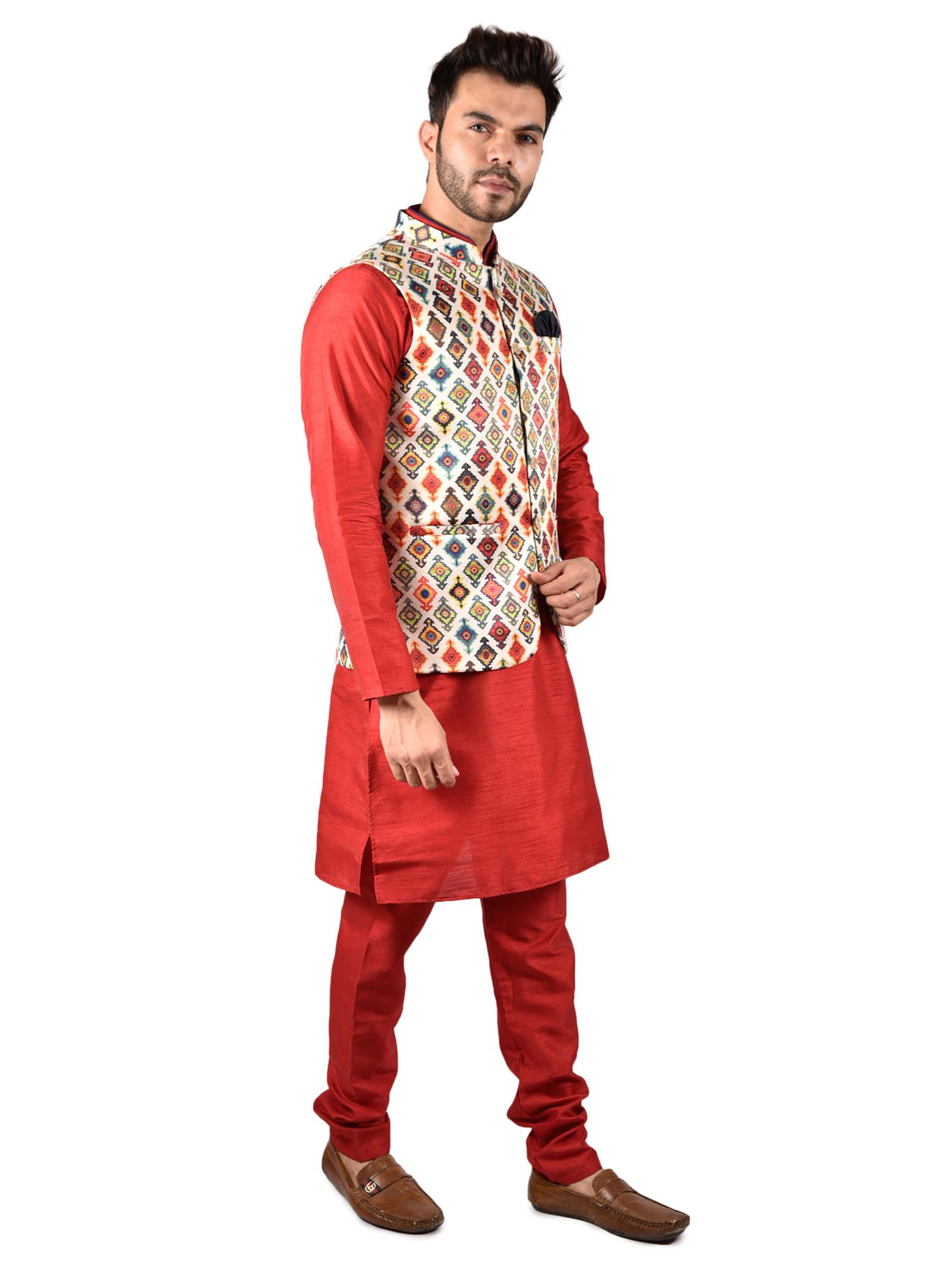 solid maroon kurta pajama set with - 17841111 - Zoom Image - 4