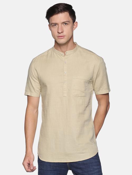 beige solid linen short kurta - 17844325 - Very Small Image - 1