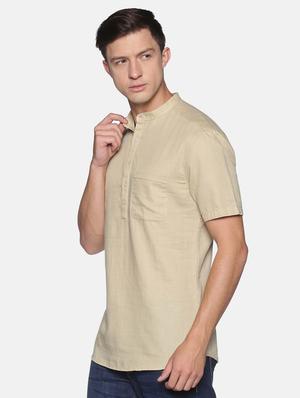 beige solid linen short kurta - 17844325 - Standard Image - 2