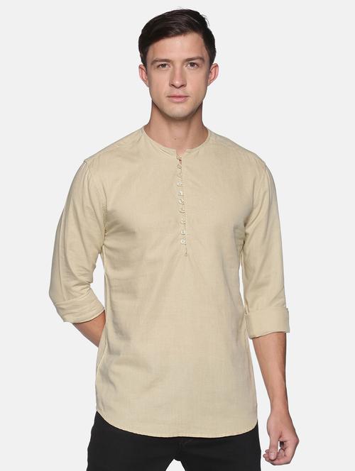 beige solid linen short kurta - 17844327 - Standard Image - 1