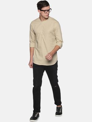 beige solid linen short kurta - 17844327 - Standard Image - 4