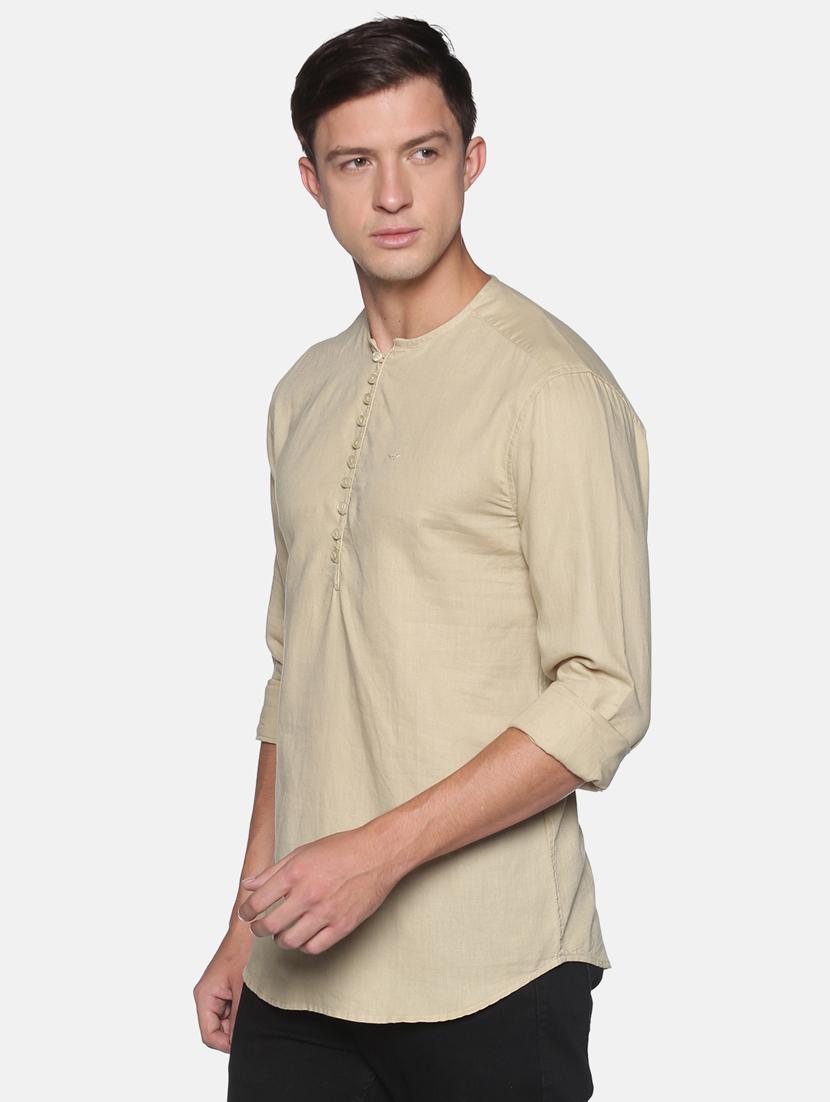 beige solid linen short kurta - 17844327 - Zoom Image - 2