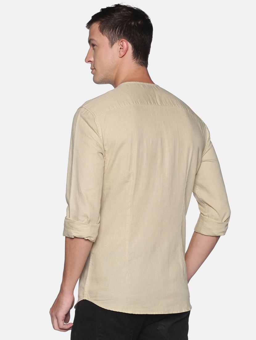 beige solid linen short kurta - 17844327 - Zoom Image - 3