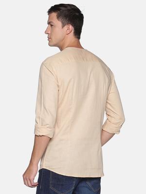 beige solid linen short kurta - 17844328 - Standard Image - 3