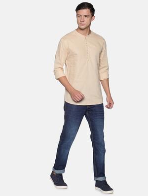 beige solid linen short kurta - 17844328 - Standard Image - 4