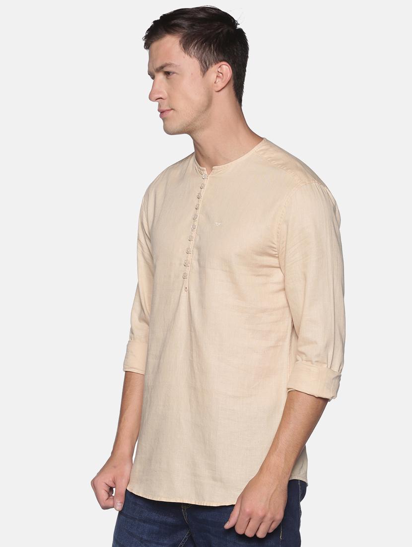 beige solid linen short kurta - 17844328 - Zoom Image - 2