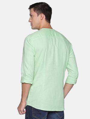 green solid linen short kurta - 17844329 - Standard Image - 3