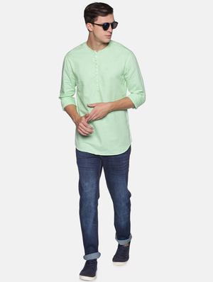 green solid linen short kurta - 17844329 - Standard Image - 4