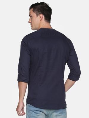 navy blue solid linen short kurta - 17844330 - Standard Image - 3