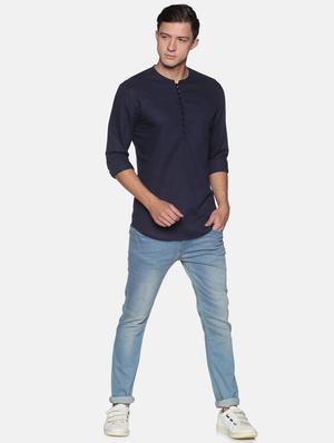 navy blue solid linen short kurta - 17844330 - Standard Image - 4