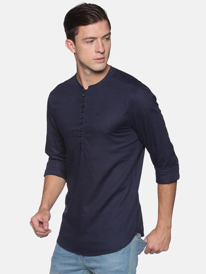 navy blue solid linen short kurta - 17844330 - Zoom Image - 2