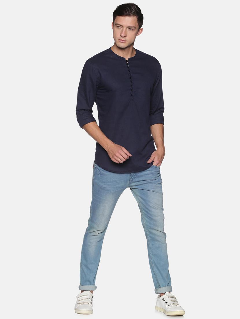 navy blue solid linen short kurta - 17844330 - Zoom Image - 4