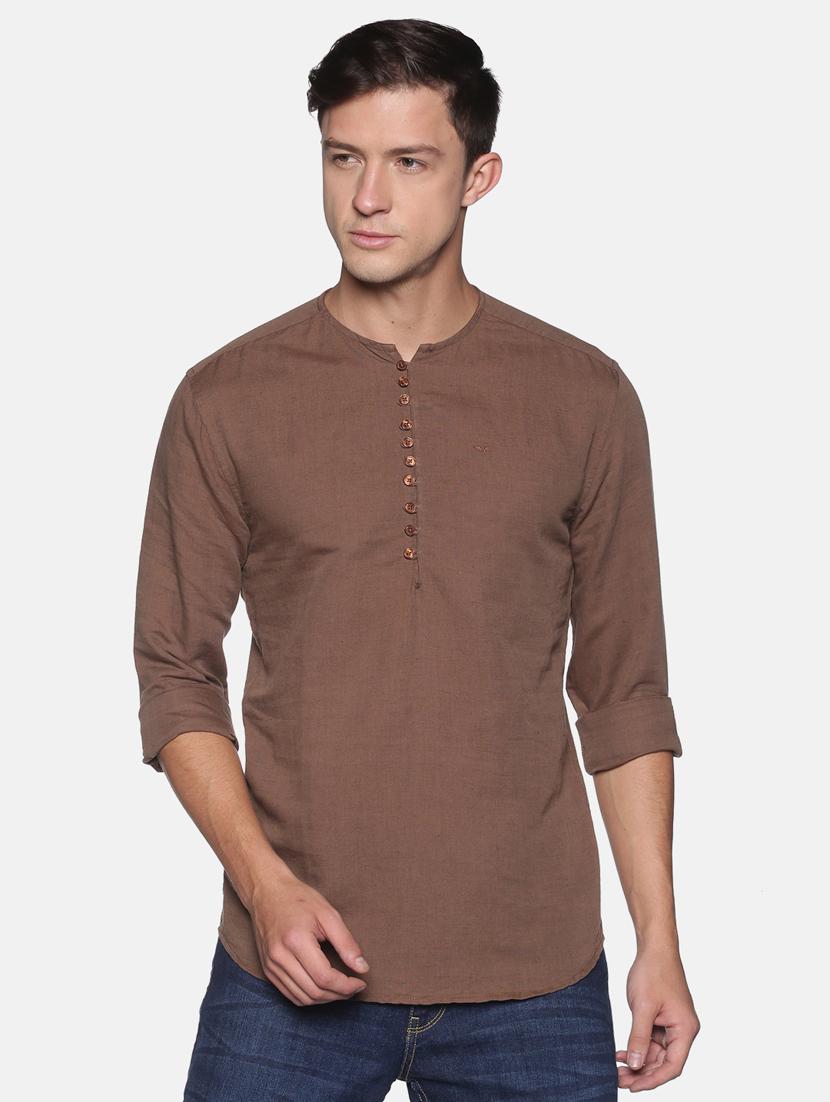 brown solid linen short kurta - 17844335 - Zoom Image - 1